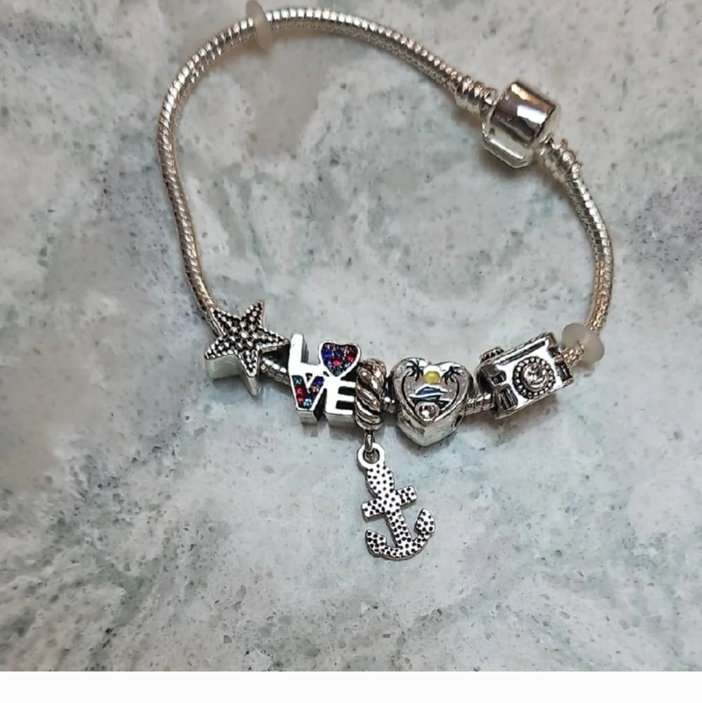 Silver Charm Bracelet with Nautical and Love Charms